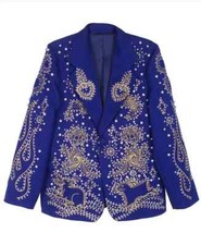 Men customized 2pc blue Golden Embroidered western wedding prom Outfits cocktail