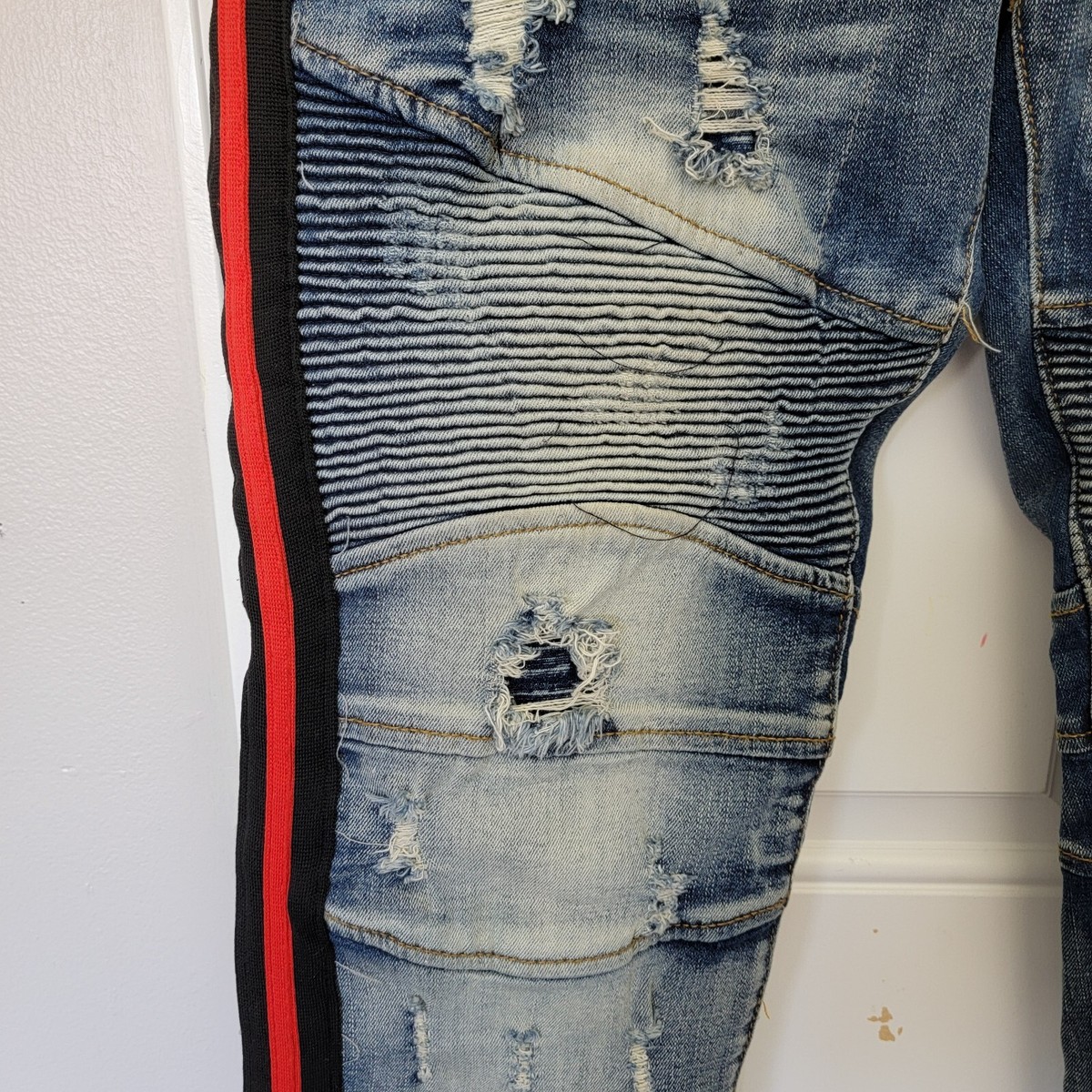 Biker Jeans Blue Jean With Red Stripe PREME Mens Distressed Red