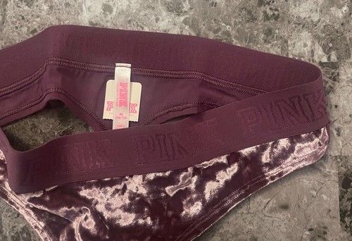 NWT VICTORIA'S SECRET PINK M PURPLE CRUSHED VELVET MESH THICK BAND THONG PANTIES - Picture 2 of 4