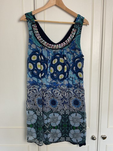 Desigual Short Chiffon Dress Size 38 10 12 Blue Floral Beaded Sleeveless Tunic - Picture 10 of 10