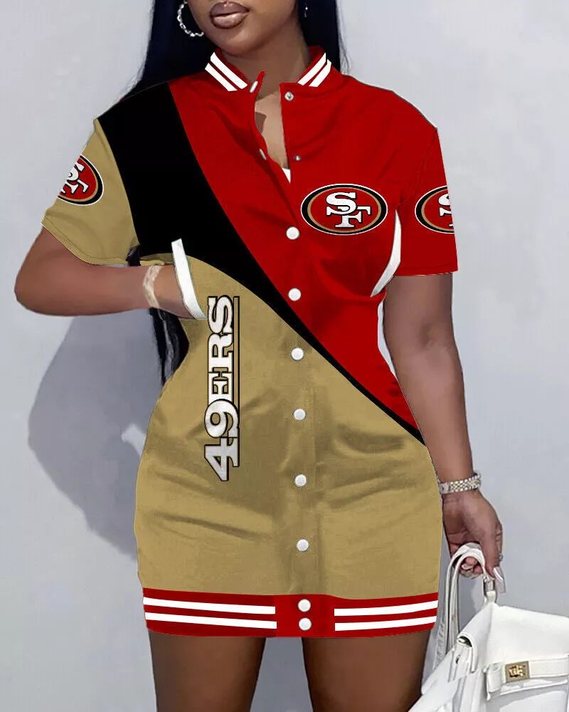 San Francisco 49ers Women Varsity Jacket Dress Button Short Sleeve Pockets  Dress