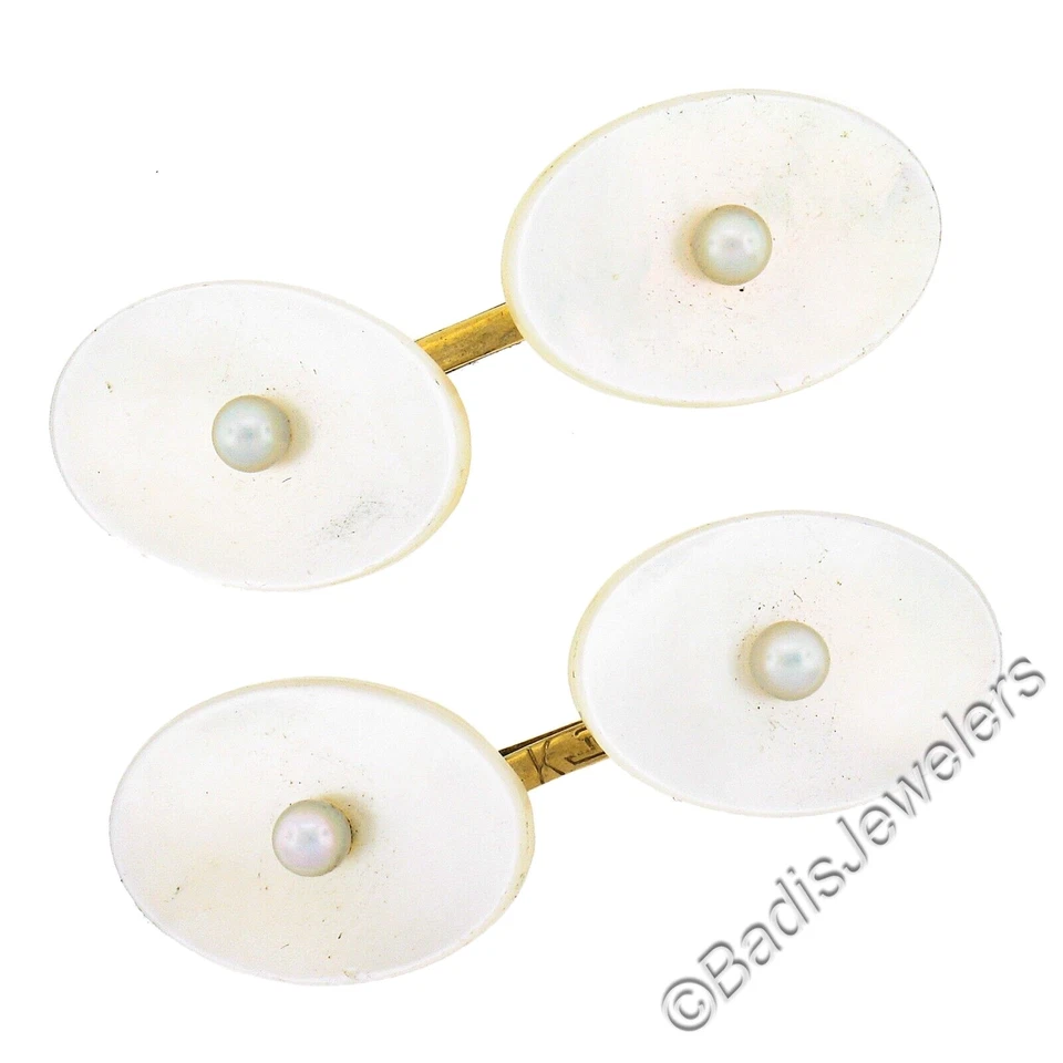 Gemelos ovalados antiguos de oro de 14k con centro de perlas semilla de 3 mm Foto 2 de 4