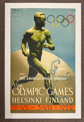 VintageHelsinki 1952 Olympic poster branded for Pan Am, RARE, preserved on linen