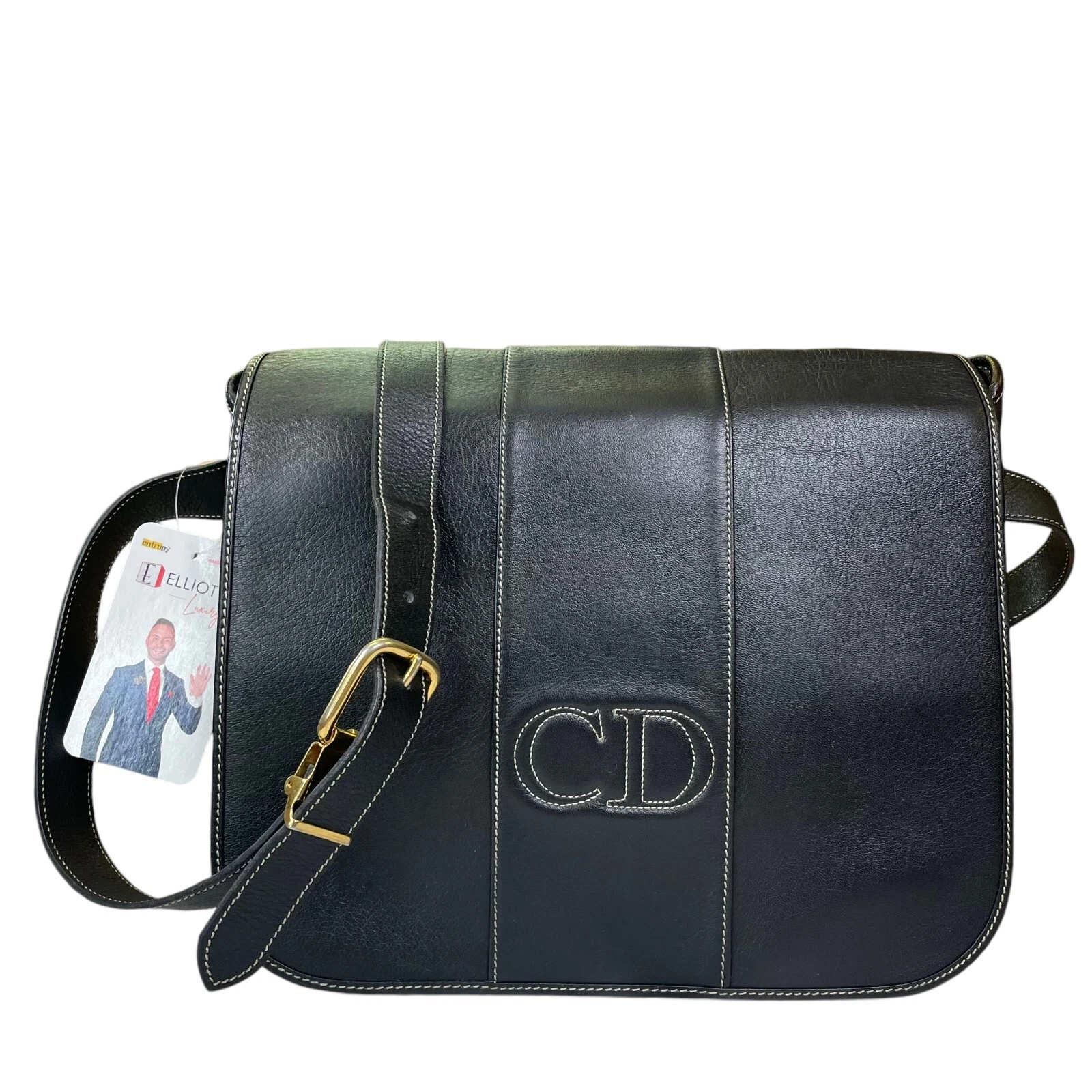 Sac à main bandoulière Christian Dior logo CD cousu rabat noir cuir moyen 2 voies