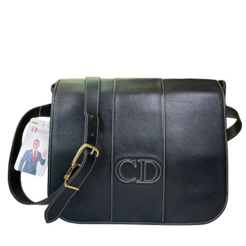 Christian Dior CD Logo Stitched Black Flap Leather Medium 2 Way Shoulder Purse