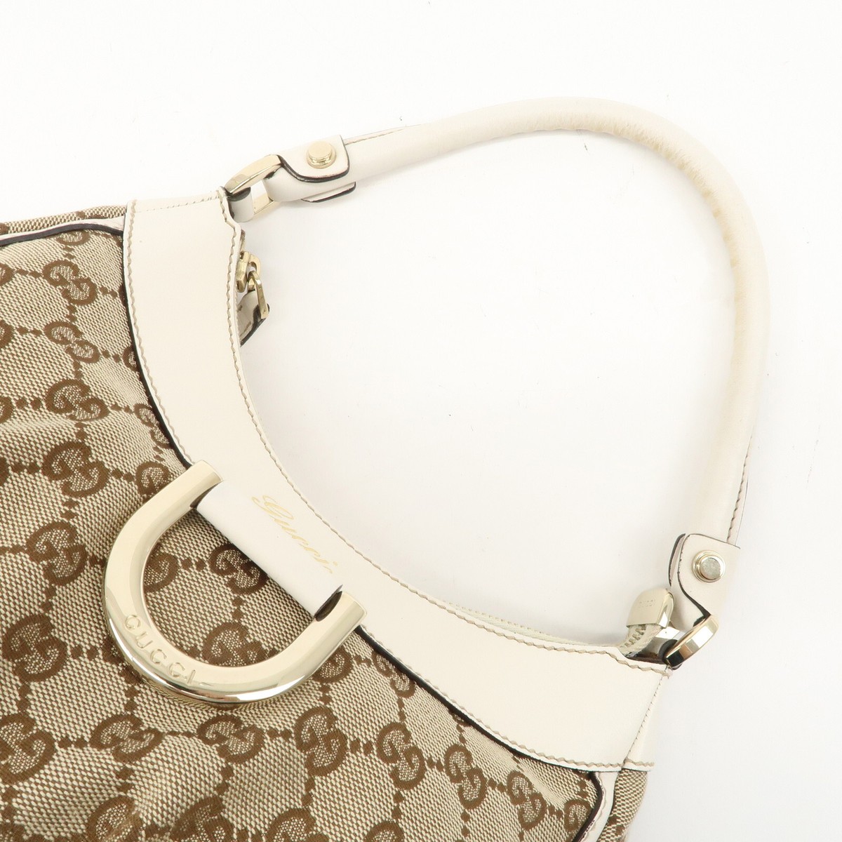 Auth GUCCI Abbey GG Shoulder Bag Beige White Canvas Leather