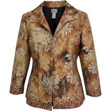 Chicos Womens Silk Blend Floral Abstract Sequin Blazer Jacket Brown Gold Size 2