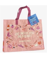Trader Joe's Pink Reusable Gift Bag "Eat Drink and Be Merry" for Holiday Gifts