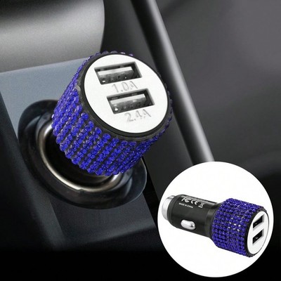 Dark Blue Bling Diamond Car Charger Dual USB 1A 2.4A Fast Charging