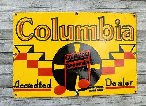 VINTAGE 15x10" COLUMBIA RECORDS GASOLINE PUMP STATION PORCELAIN MOTOR OIL SIGN