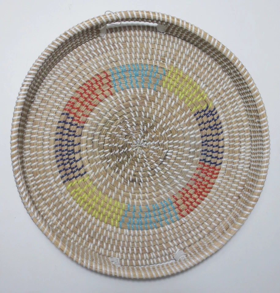 LARGE SIZE LOW PRICE AFRICAN FOLK ART WOVEN COIL GRASS MULTICOLOR TRAY w HANDLES - Image 4 of 4