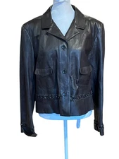 Carlisle Brown Leather Jacket Whipstitch Chain Detail~Womens Size 14