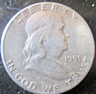 1951-P FRANKLIN HALF, 90% SILVER FINE CONDITION, CIRCULATED NOT CLEANED