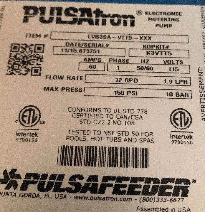 Pulsatron Chemical Metering Pump LVB3SA-VTT5XXX High Viscosity Head Hot Tub Pool - Image 2 of 4