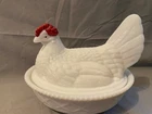Westmoreland & Fenton Mixed Milk Glass Red And White Hen on the Nest 5" Signed