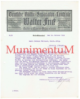 Baltic Separator GmbH BERLIN-WILMERSDORF - Schreiben Offerte 1912 Briefkopf