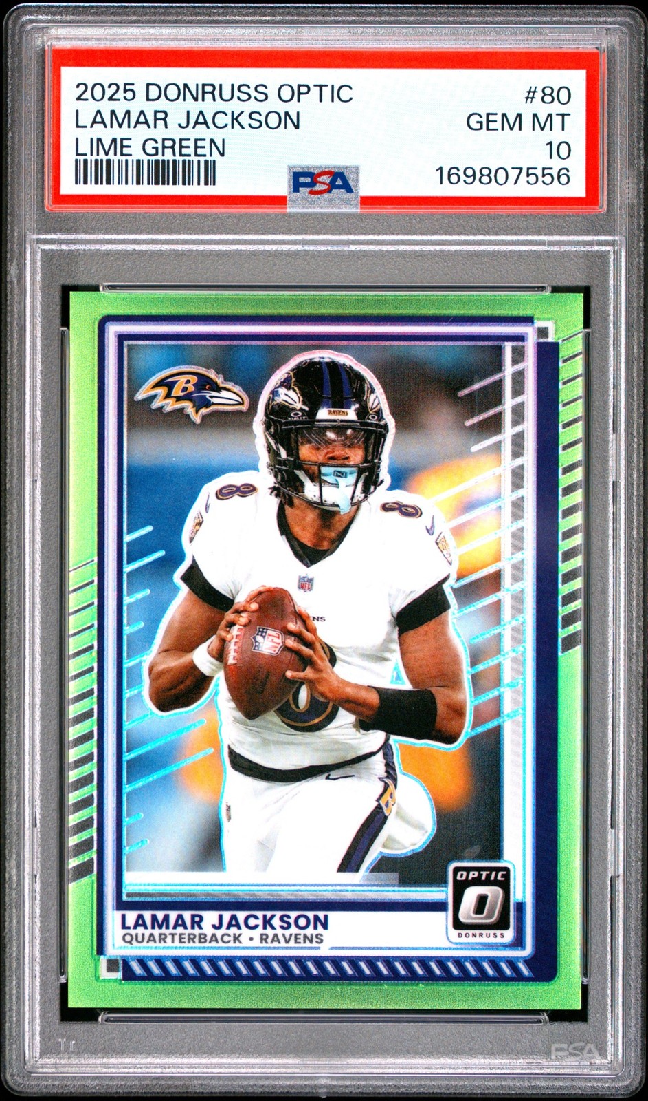 2025 Panini Donruss Optic Lamar Jackson #80 Lime Green 42/50 Ravens PSA 10 view 1
