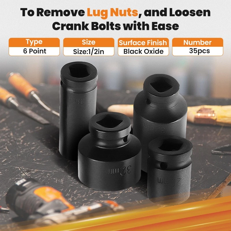 Jeu de 35 douilles à choc 1/2" de 8 à 32 mm Coffret Douille Longue à Chocs - Image 4 of 4