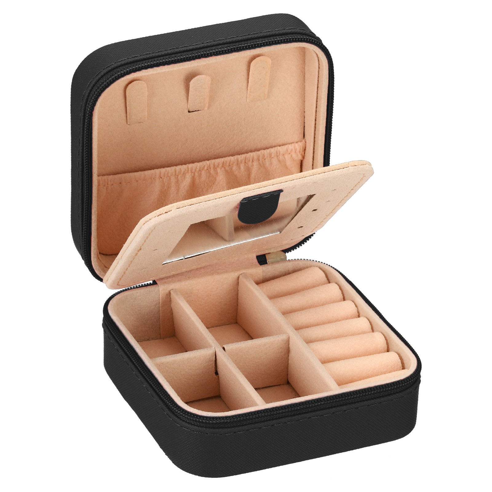 Travel Jewelry Case Jewelry Organizer Box with Mirror Square Style 1, Black