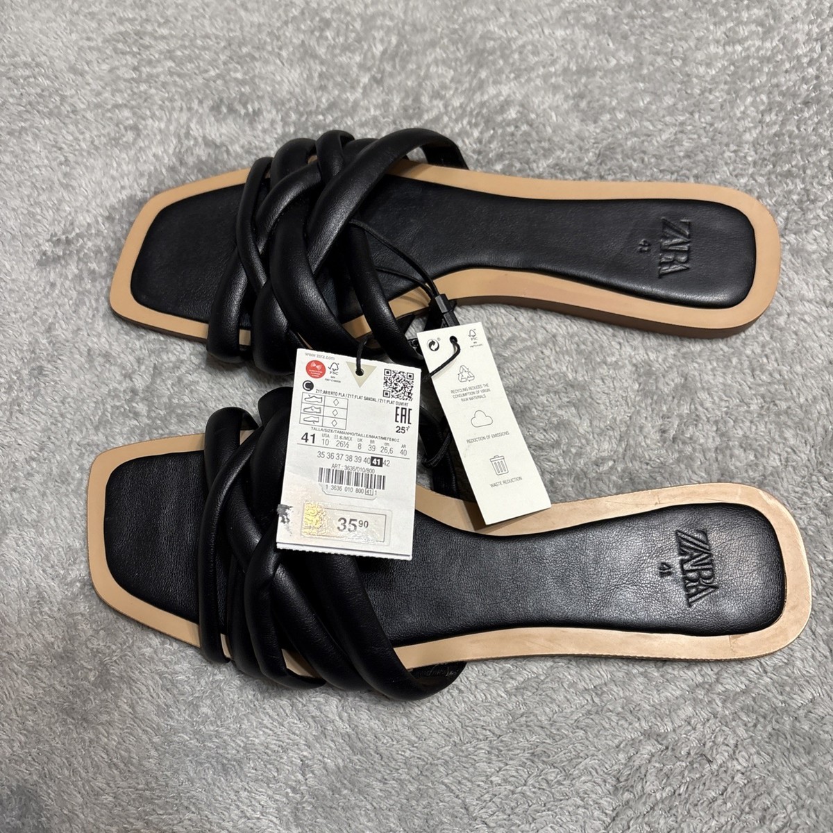 Strap Flat Leather Zara Black Leather Sandals Zara Woman's Black