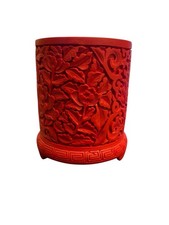 Carved Cinnabar Pencil Cup Vase Black Inside Footed 4" x 3" Floral Design