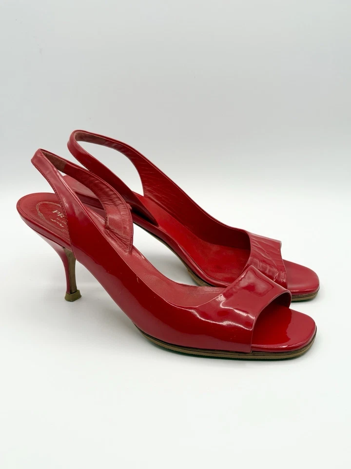 Prada Red Patent Leather Slingback Kitten Heels Pumps Vintage Sz EU 36.5 - Image 2 of 4