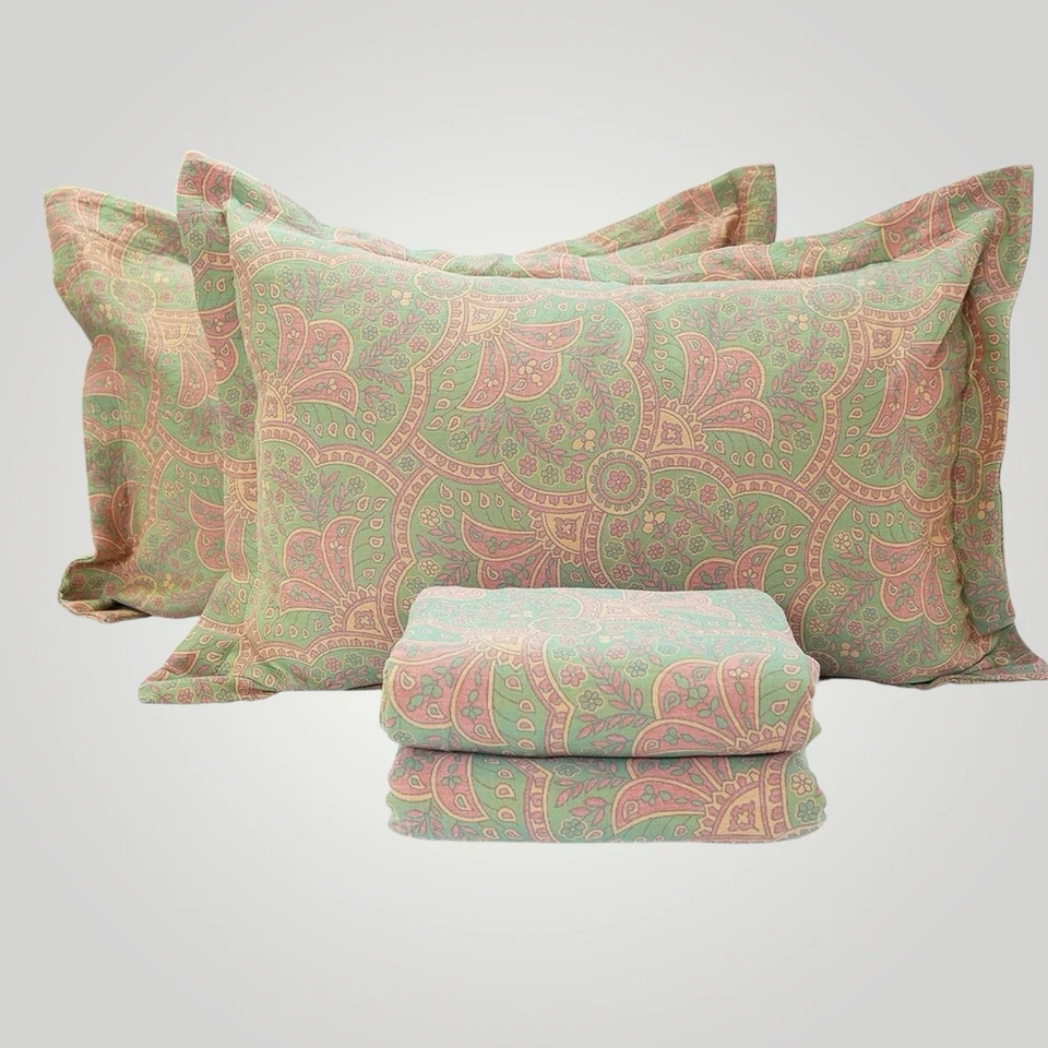 NUEVO Anthropologie Verde Rosa Paisley Algodón Boho Queen Ropa de Cama Edredón Juego Falso Foto 3 de 4