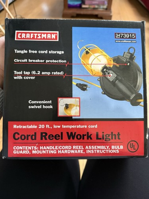#ad Craftsman Retractable 20ft Cord Reel Work Light Low Temperature Cord 3473915 $40.00