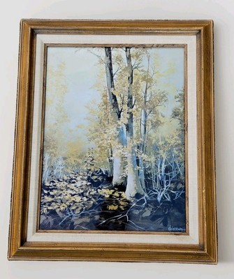 1970s Classic Retro Painting On Steel Panel Autumn Trees Wood Linen Frame 22×18''