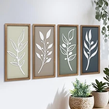3D Tree Leaf Wooden Framed Boho Wall Art (Set of 4) Lightweight, Minimalist B...
