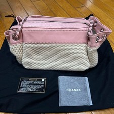 [6ca0932-k] Borsa a tracolla CHANEL tela pelle rosa beige argento meta