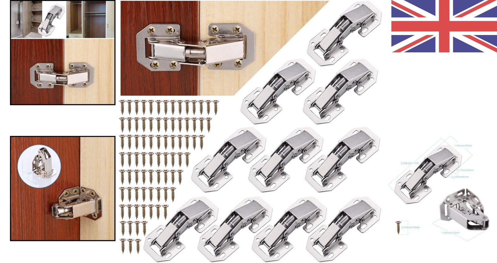 10Pcs Silent Close Cabinet Hinges, Zinc Plated 90 Degree for Kitchen & Wardrobe