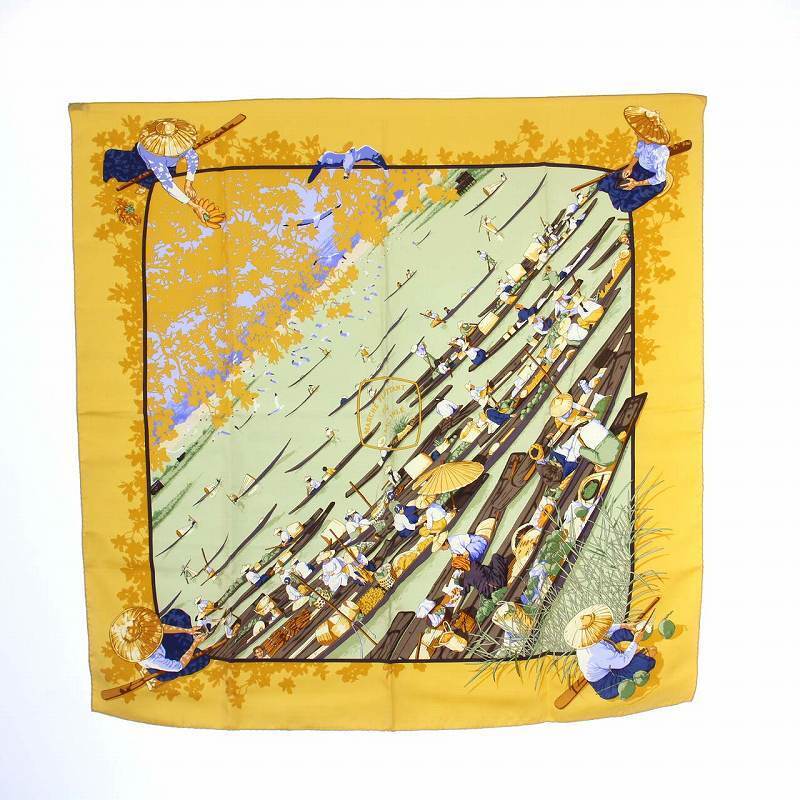 Hermes Kare 90 Silk Scarf Lake Inle Floating Market Yellow Khaki