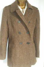Harris Tweed For House Of Bruar Pea Coat Fits 14 Uk Nut Brown Herringbone.