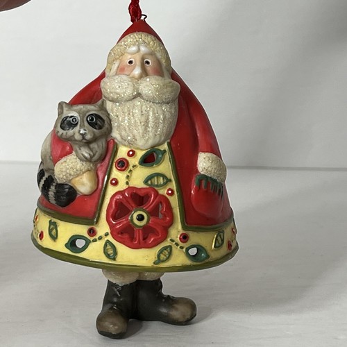 VTG Santa Clause Made in China Ceramic Bell Ornament Santa and Raccoon Glitter - Picture 2 of 6