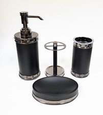 NEW 4 PC SET BLACK CERAMIC+GUNMETAL TONE METAL SOAP DISPENSER+TOOTHBRUSH+2