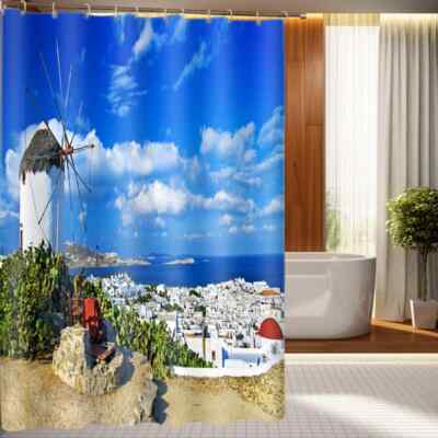 Windmill Under Blue Sky 3D Shower Curtain Polyester Bathroom Decor  Waterproof