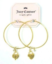 NEW JUICY COUTURE GOLD TONE CRYSTALS HANGING HEART CHARM LARGE HOOP EARRINGS