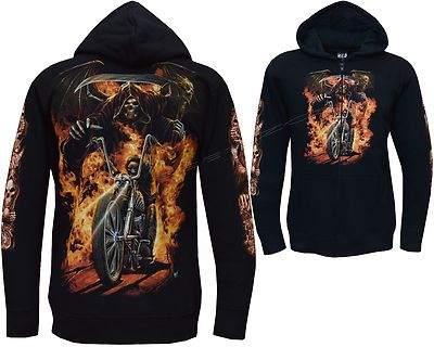 Zip Up Hoodie Grim Reaper Fiery Wrath over Biker Fire Scythe Glow inDark by Wild