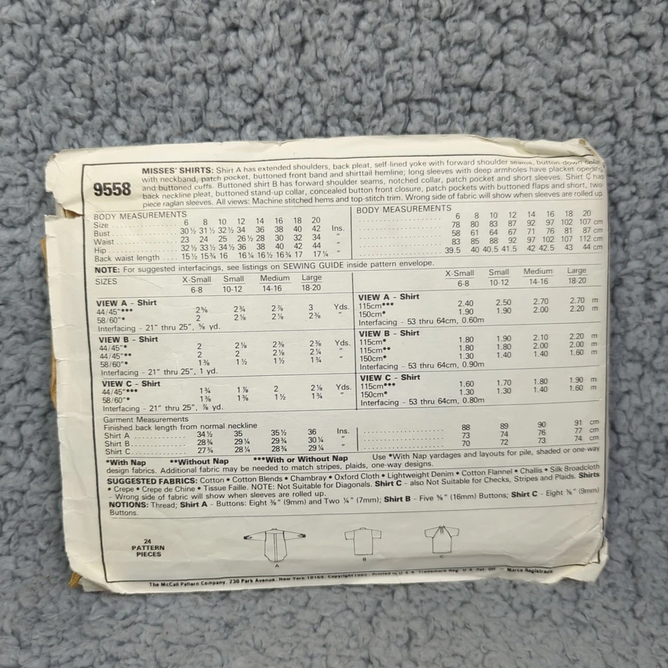 VTG 1985  McCalls 9558 SHIRT Pattern Very Loose Oversize Raglan Size Small - Image 2 of 4