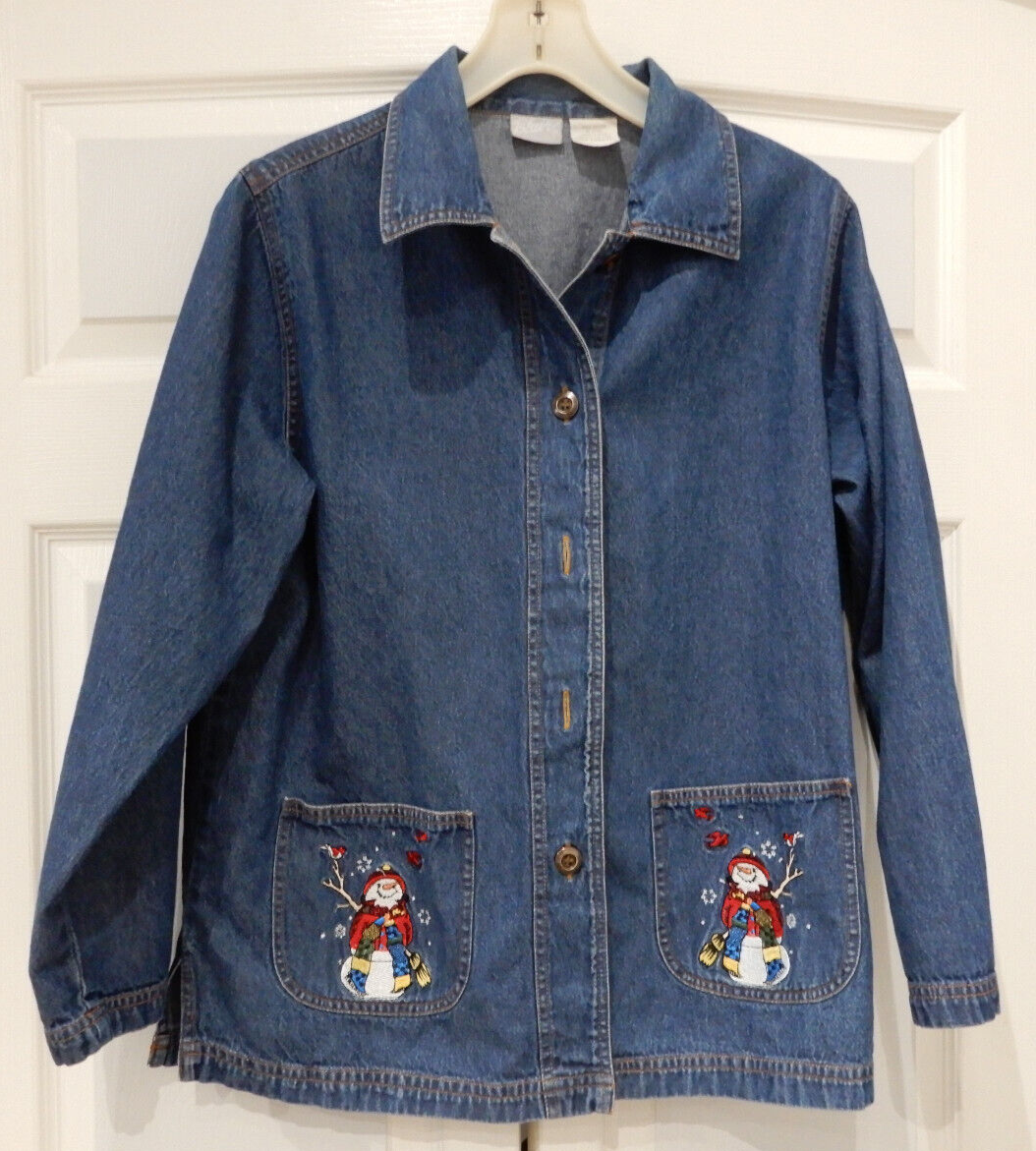 Denim jacket womens M button front pocket Snowman embroidery jacket top Blair-image