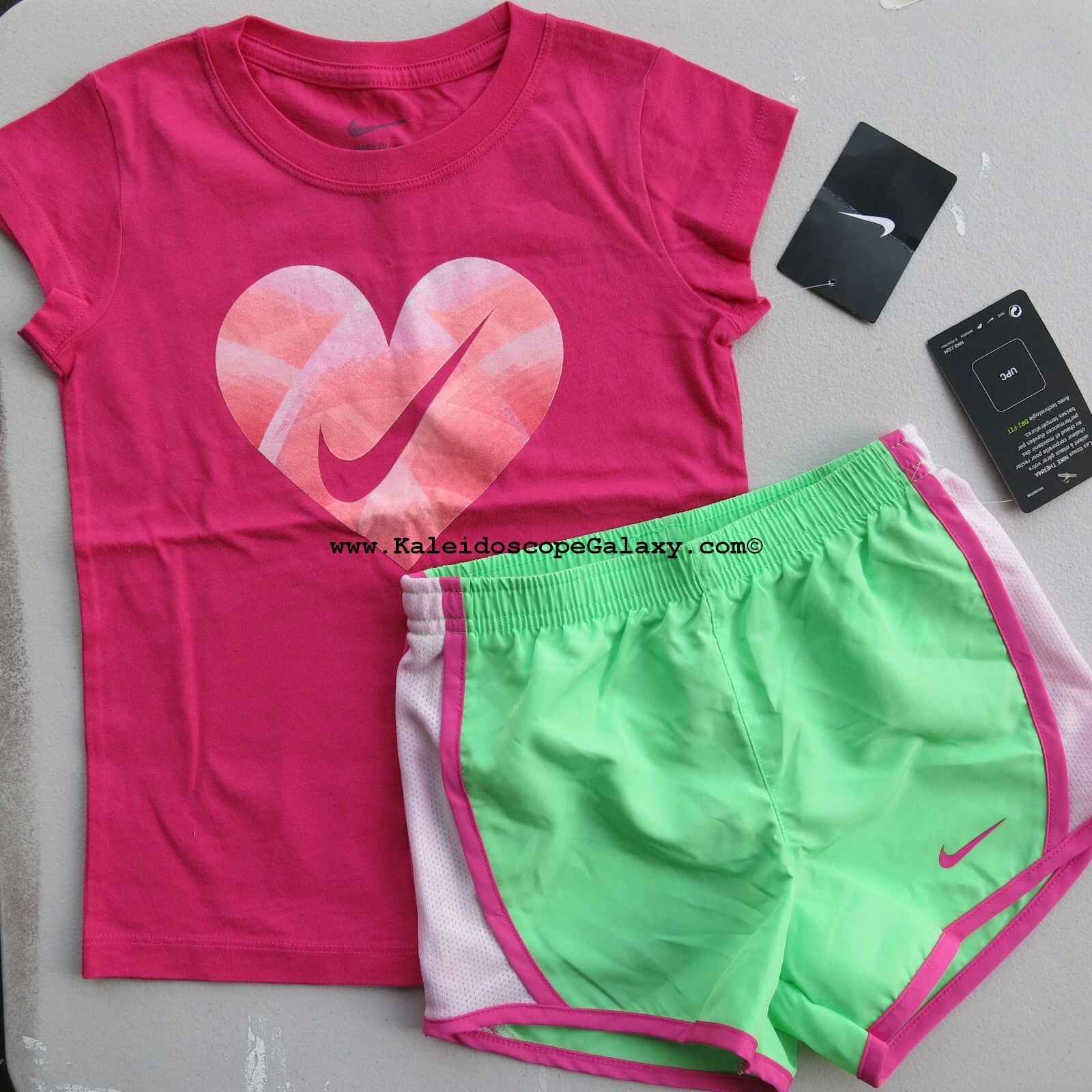 Nike Girls Size 6 Summer Dri-fit Running Shorts & T-Shirt Green Pink Heart