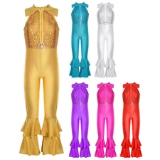 Kids Girls Gymnastic Salsa Jazz Fitness Dancewear Full Body Jumpsuit Yoga Shiny