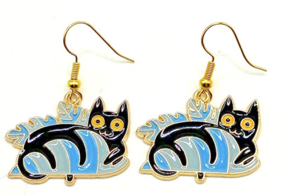Adorable & Mischievous BLACK CAT in a House Plant Enamel Dangle Drop Earrings