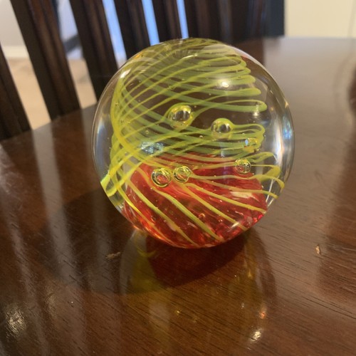 Yellow Red Swirl Stripe Round Art Glass Paperweight