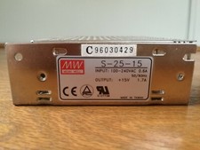 MW Mean Well S-25-15 Adjustable Power Supply Input 100-240VAC Output 15V /1.7A