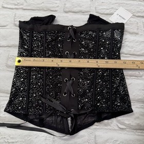Sheer Bustier Corset Top L Lace Up Rhinestone Shimmery Lingerie Boned Push Up