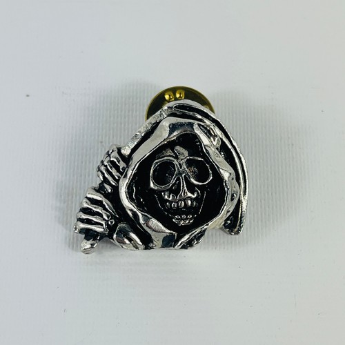 Grim Reaper Skull Motorcycle Lapel Pin 1” Wide Silver Tone