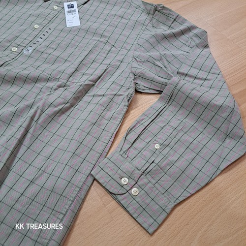 Gap 80’s Two Ply Poplin Shirt Grey Khaki Pink Check Long Sleeve Mens XL New - Picture 4 of 12