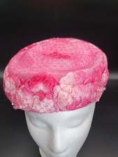 Vintage Pink Floral Hat 1950s 1960s Pillbox Style Netting Pearls Women's Dress H